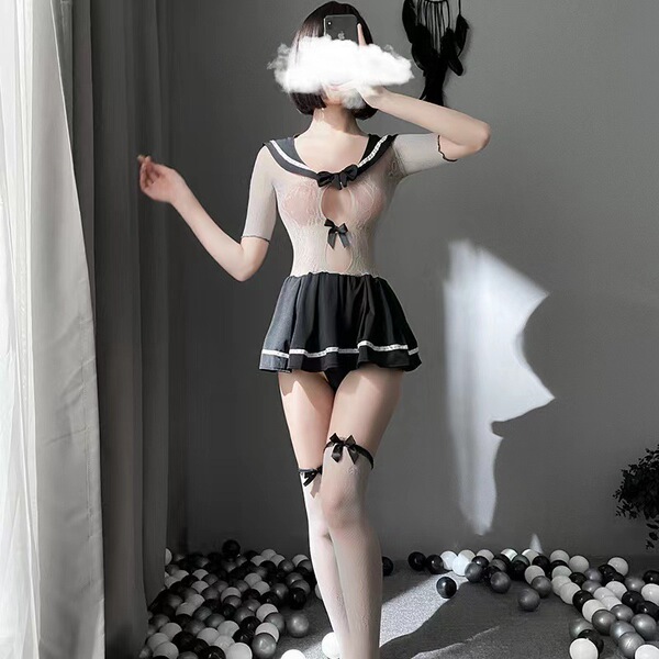Moxin trendy cosplay lingerie set - student uniform style bodysuit with fishnet stockings & mesh top, featuring a sailor-styl...