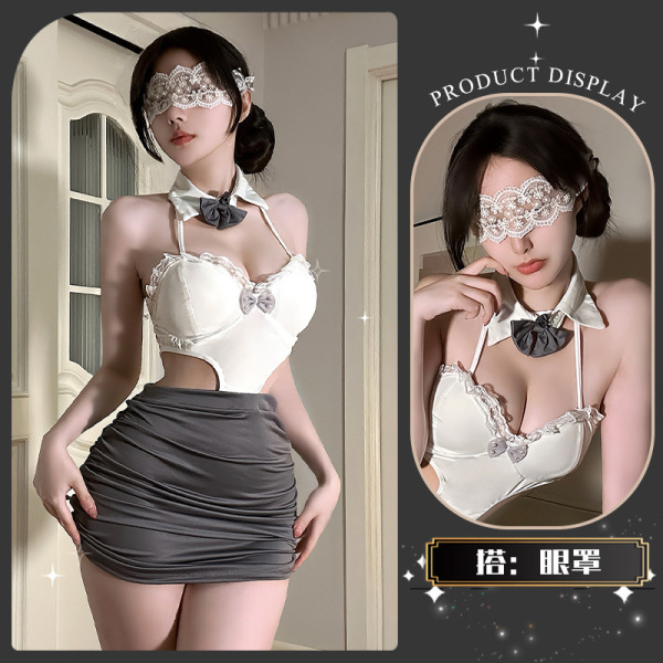 QingShe OL Secretary Lingerie Set – Elegant Seductive Underwear for Women, abstinence-Chic Sensual Lace Bra & Panty - Twilight White Notes ~ Eye Mask