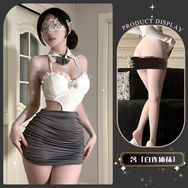 QingShe OL Secretary Lingerie Set – Elegant Seductive Underwear for Women, abstinence-Chic Sensual Lace Bra & Panty - Twilight White Notes ~ + White Bodysuit