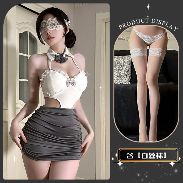 QingShe OL Secretary Lingerie Set – Elegant Seductive Underwear for Women, abstinence-Chic Sensual Lace Bra & Panty - Twilight White Notes ~ + White Stockings