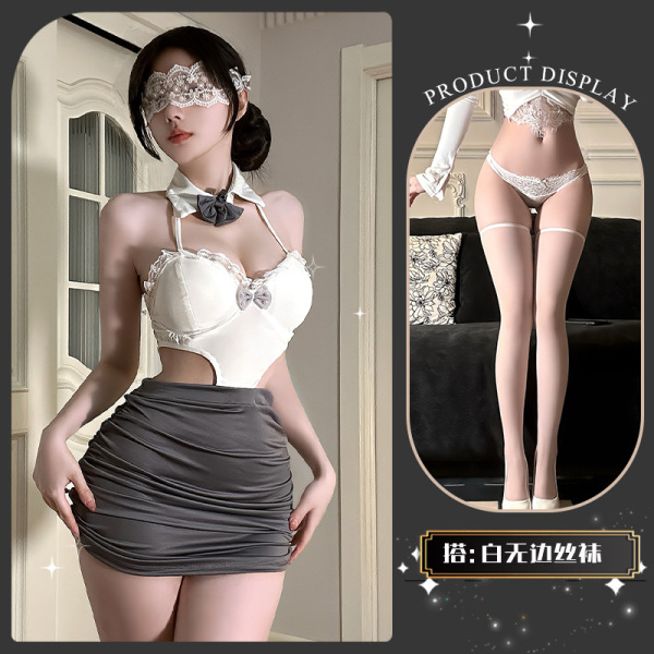 QingShe OL Secretary Lingerie Set – Elegant Seductive Underwear for Women, abstinence-Chic Sensual Lace Bra & Panty - Twilight White Notes ~ + White Boundless Stockings