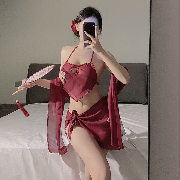 Plus Size Vintage Chinese Lingerie Set - Embroidered Hanfu-Style Doudou & Cheongsam for Role Play & Sensual Wear - Peony bellyband