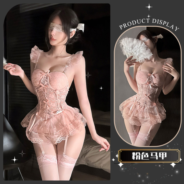 Chao Mu Sexy Corset Vest - Lace Bodysuit for Women, Pure Temptation Lingerie with Alluring Silhouette - Muna Jingjing* Pink [Vest + T-shirt + Garterbelt]