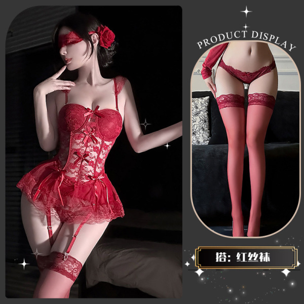 Chao Mu Sexy Corset Vest - Lace Bodysuit for Women, Pure Temptation Lingerie with Alluring Silhouette - Muna Jingjing*Red + Matching Socks + Eye Mask