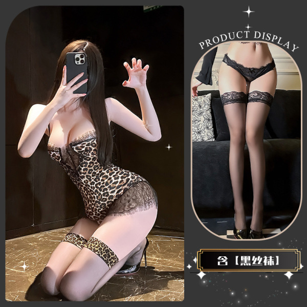 QingShe Temptation Lace Lingerie Set - Luxury Leopard Print Pure-Yet-Sensual Bodysuit for Bold Confidence - Twilight Spotted Search ~ + Black Stockings