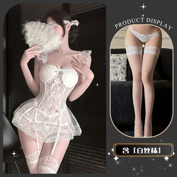 Chao Mu Sexy Corset Vest - Lace Bodysuit for Women, Pure Temptation Lingerie with Alluring Silhouette - Muna Jingjing*White + matching socks