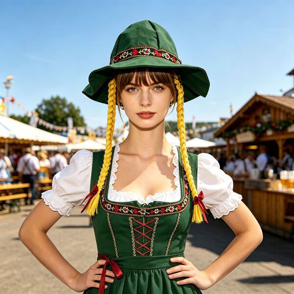 A woman wears a traditional bavarian outfit featuring a green munich oktoberfest hat with braided hair style, perfect for bee...