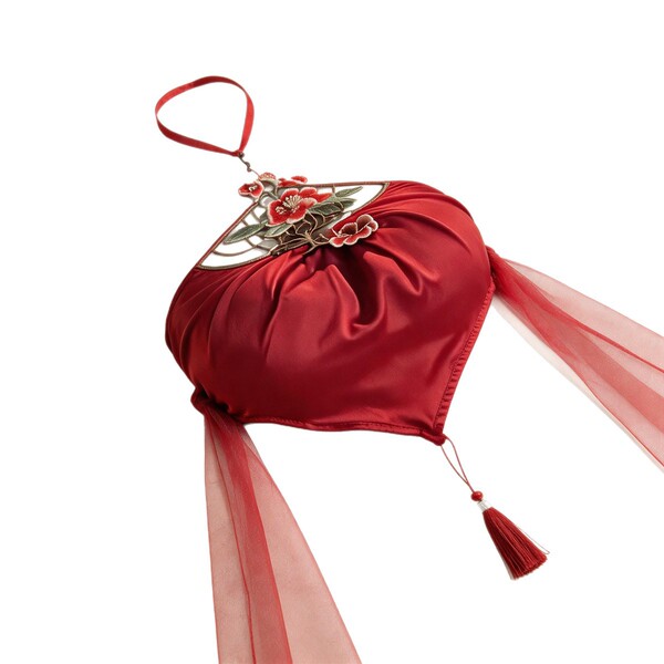 Muroa ancient-chic silk doudou sleepwear featuring elegant red fabric with floral embroidery and sheer tassels, perfect for p...