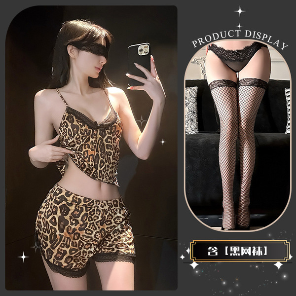 Leopard Print Lingerie Set for Women – Luxury Lace Matching Sleepwear & Sensual Nightwear - Mushroom-shaped bits + black fishnet stockings