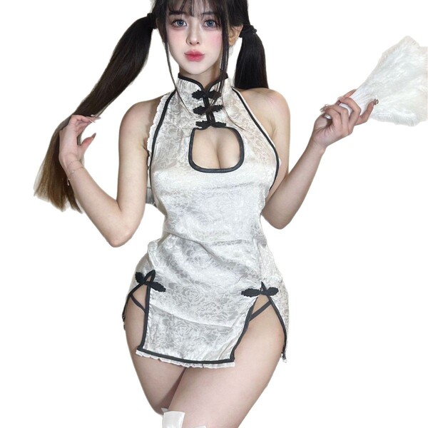 Mystic mei lingerie set featuring a seductive lace cheongsam sleepwear with peek-a-boo cut-out bra and matching panty ensembl...