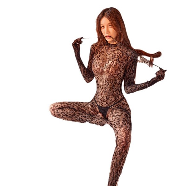 Woman wearing mystique leopard lace bodysuit, seductive backless mesh lingerie with sheer stockings.