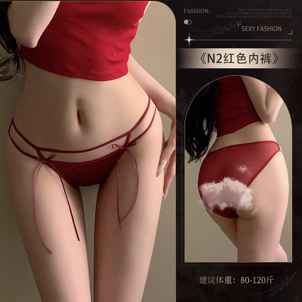 Guiyun Sensual Silk Lace Bikini Panties - Sheer Cutout Low-Rise Butterfly Knot Women's Underwear - N2☆Ancolla Red