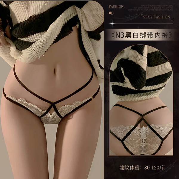 Genuine Cloud Lace Thong - Sexy Sheer Pure-Delight Women's Open-Crotch T-Back Panty, No-Remove Temptation Lingerie - N3★Black + White