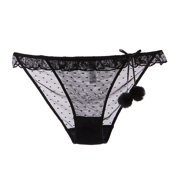 Gorgeous Cloud Lace Bikini Panties - Sexy Sheer Mesh with Fluffy Pom-Poms, Low-Rise Tempting Underwear for Women - N31★Black