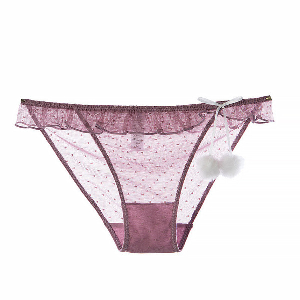 Gorgeous Cloud Lace Bikini Panties - Sexy Sheer Mesh with Fluffy Pom-Poms, Low-Rise Tempting Underwear for Women - N31★Red Bean Paste