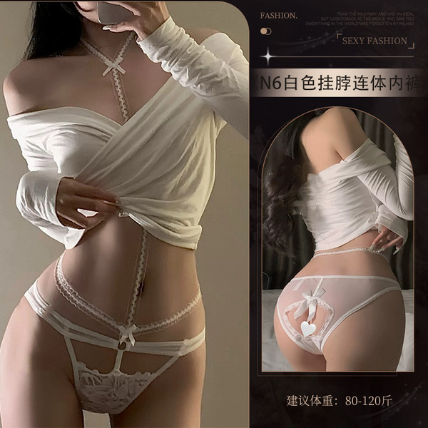 Glowing Cloud French Lace Bikini - Sheer Mesh Low-Rise Sexy Underwear with Bow Knot Detail - N6☆ White halter neck chain underwear