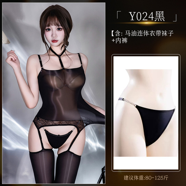 Guiyun 6D Shiny Black Stockings Bodysuit - Oil-Sheen Pure-Temptation Slip-On Tight Lace-Up Bodysuit for Women - Y024 Set + [N74 Rhinestone Underwear]