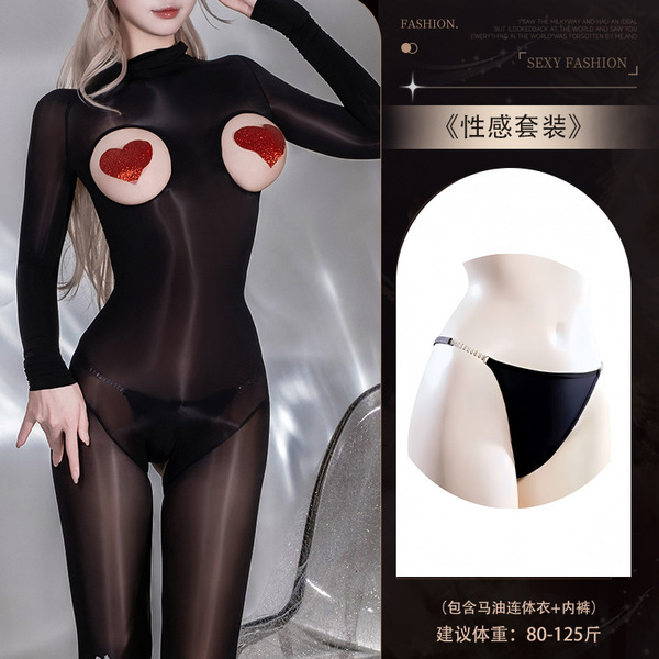 Guiyun Sexy Sheer Shiny Bodysuit - Ultra-Thin Oil-Shine Black Fishnet Tights with Open-Crotch & Seamless Chest Cutout - Y045 Set + [N74 Rhinestone Underwear]