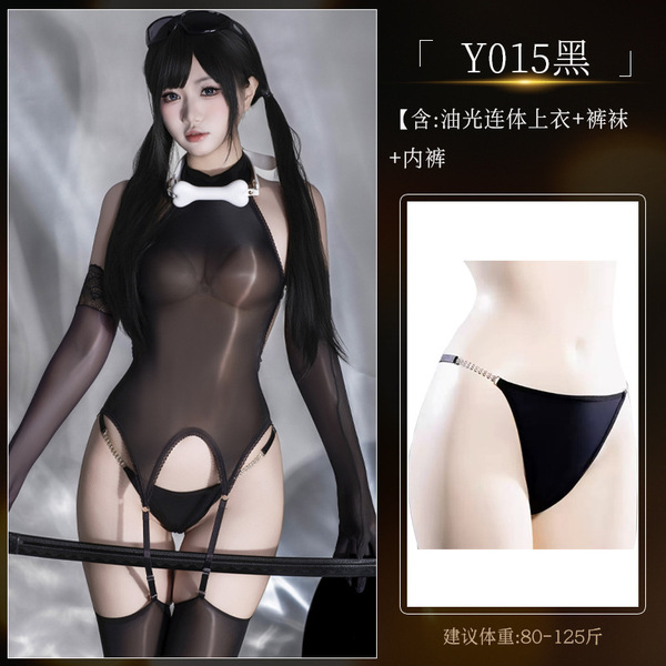 Ultra-Thin Horse Oil High-Cut Bodysuit with Sheer Black Stockings & Open-Crotch Design for Women - Y015 Set + [N74 Rhinestone Underwear]