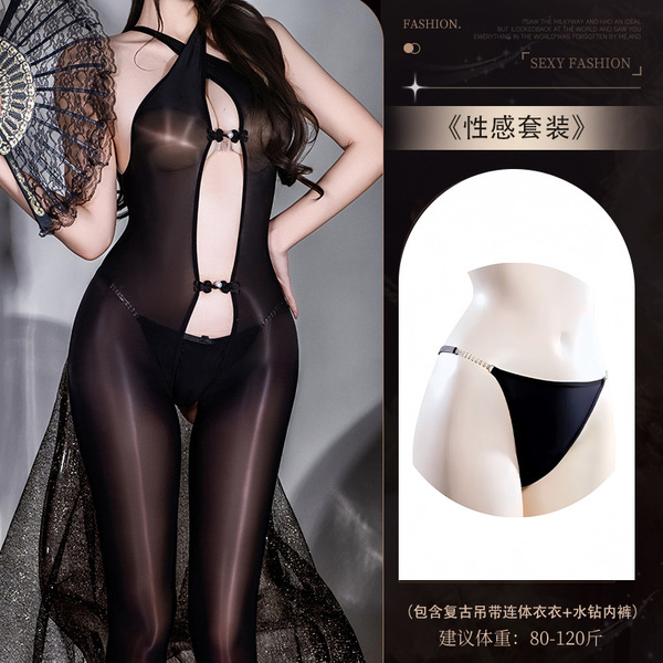 6D Marula Oil Cross-Back Bodysuit - Shiny Black Lace Sexy Uniform Outfit with Open-Crotch Design - Y057 Set + [N74 Rhinestone Underwear]