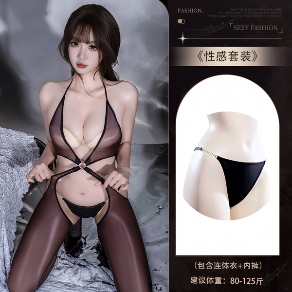 Seductive Sheer Lace Bodysuit for Women – High-Elastic Pearl-Embellished Open-Crotch Bodycon Outfit - Y055 Set + [N74 Underwear]