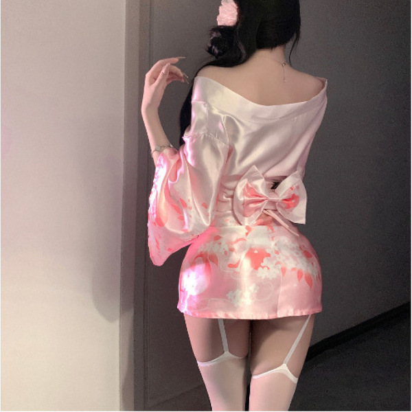 Naben temptation sexy deep v kimono lingerie set - japanese anime-inspired open front costume outfit featuring a pink floral ...