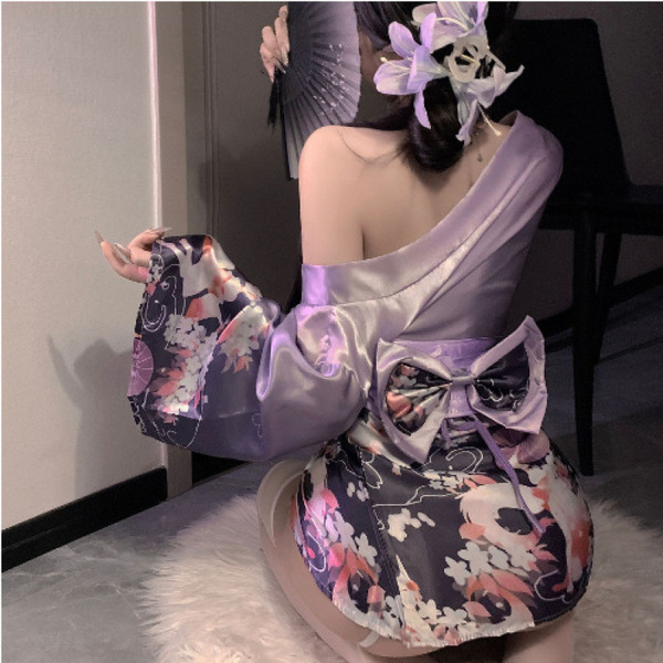 Japanese anime-inspired open front kimono set featuring floral patterns and a butterfly accessory, perfect for cosplay or the...