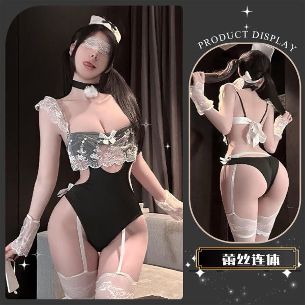 Pure & Seductive Lingerie Set - Modest Yet Sexy Bunny Girl Sleepwear with Open-Crotch Design, No-Remove Style - Naphthalene matte fabric ~ [Neck ring + headband + bodysuit + sleeves * 2]