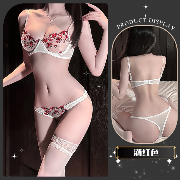 Chaomu Floral Lace Nursing Bra - Sexy Sheer Pure-Desire Underwire Push-Up Lingerie for Women - Wine-red dress + white stockings + feather stick