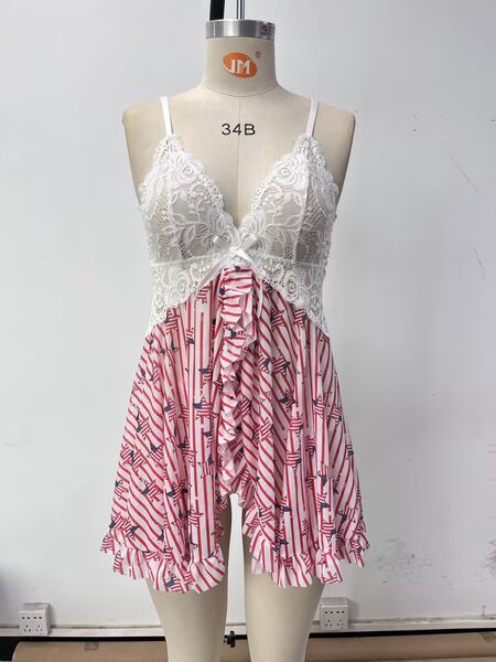 Sexy Lace Sleepwear Set for Women – High-Slit Matching Nightwear Two-Piece, Elegant & Flirty Lingerie-Inspired Pajamas - National flag colors