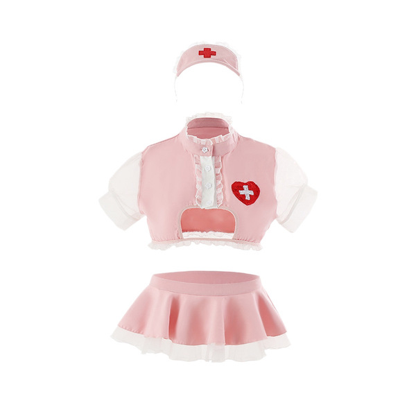 Sexy nurse costume set featuring a lactation-style crop top with a red cross emblem and a cheeky mini skirt, perfect for role...