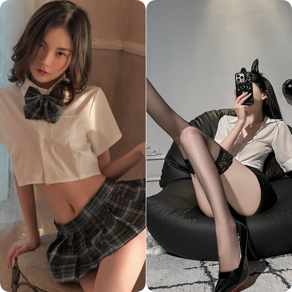 Sexy Student Uniform Lingerie Set – JK Style Sailor Skirt & Bodycon Outfit for Role Play & Cosplay - Navy blue + over-the-knee black stockings