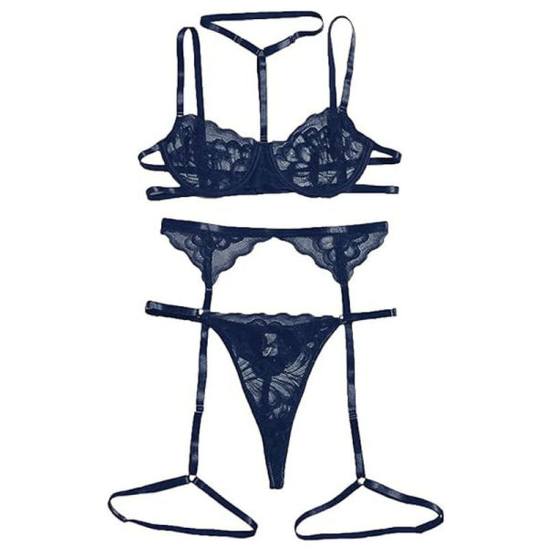 Lace Lingerie Set for Women – Sexy Pure & Tempting Sleepwear with Garter Belt & Halter Bra - Navy blue