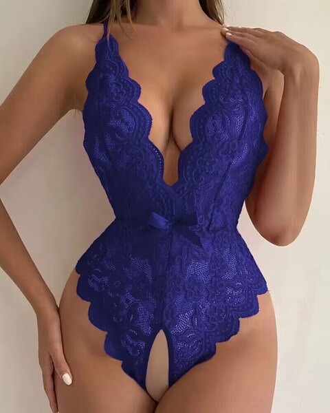 Sexy Backless Lace Bodysuit for Women -European and American Style Open-Crotch Halter Tie-Up Jumpsuit, Wholesale Erotic - Navy blue