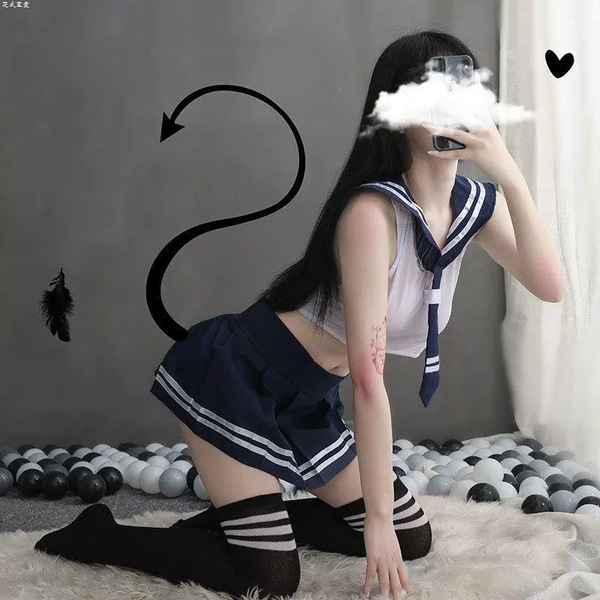 Women's Sexy Role Play Student Outfit - JK Uniform Set with Sheer Stockings & Open-Crotch Design for Easy Wear - Navy blue