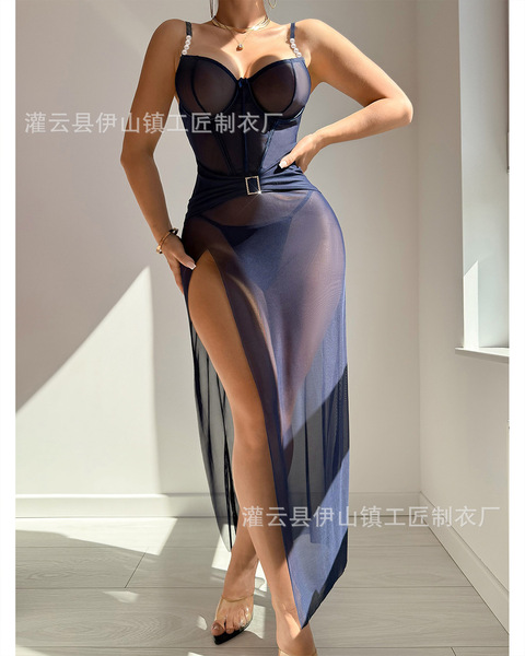 Plus Size Sexy Lace Sleepwear Set - Sheer Mesh High Slit Long Dress with Push-Up Bra & Panty - Navy blue