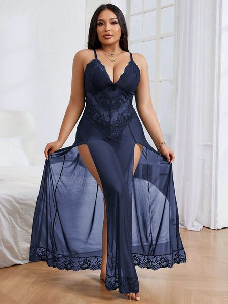 Lace Sheer Robe Nightgown - Sexy Transparent Mesh Sleepwear with Side Slit for Women - Navy blue