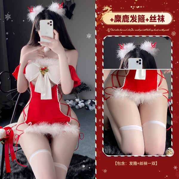 Mannyan New Year Lingerie Set - Sexy Reindeer Christmas Costume & Pure-Temptation Sleepwear Dress - 9099 [Necklace + Strappy Skirt + Thong] + Headband + Stockings