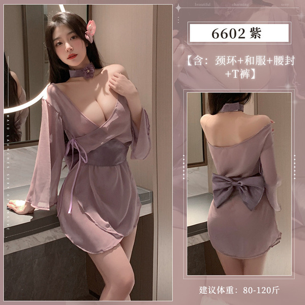Shimeisha Elegant Kimono-Style Sleep Dress - Wide Sleeve Seductive Lingerie for Women, Pure & Tempting Look - 6602 [Neck ring + Kimono + Obi belt + T-shirt]