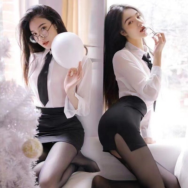 Pure & Tempting Lace Maid Costume - Office Secretary Uniform, Nurse & Nun Cosplay Outfit with Seductive Lingerie Style - 144 (Bow tie, top, skirt, and underwear)