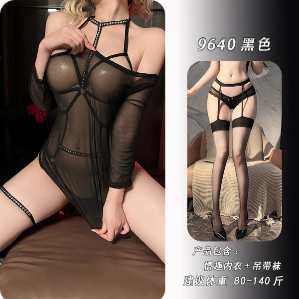 Nightse Nightse Erotic Lingerie Set – Mesh Sheer SM Costume with Rivets & Bondage Straps for Nightclub & Passionate Nigh - Mesh cover-up top + black garter stockings
