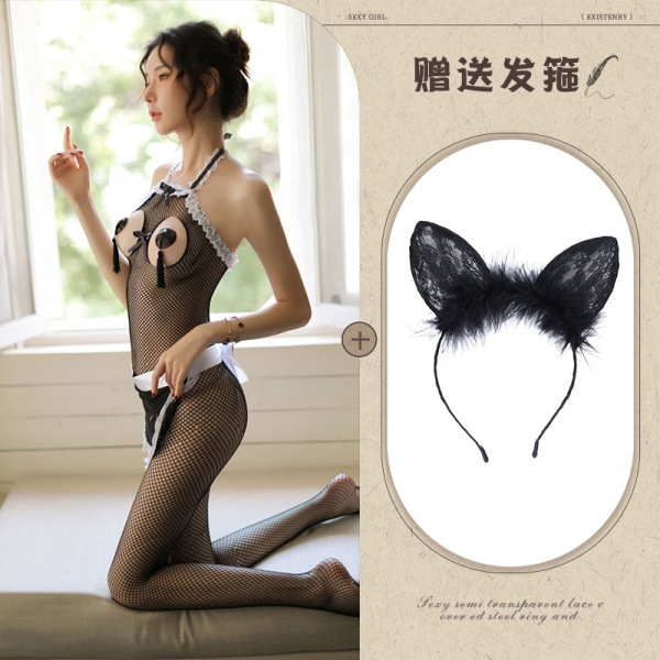 Sensual Sheer Mesh Bodysuit - Backless Neck-Hanging Transparent Sleepwear for Women - Mesh outfit set + No. 2 black headband