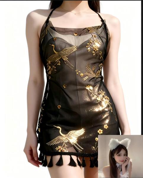 Chinese-Style Gold-Foil Crane Sleep Dress - Sexy Backless Sheer Lace Babydoll with Tassel Straps & Embroidered Crane Mot - Mesh halter top + white headband