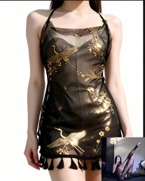 Chinese-Style Gold-Foil Crane Sleep Dress - Sexy Backless Sheer Lace Babydoll with Tassel Straps & Embroidered Crane Mot - Mesh halter top + black open-crotch stockings