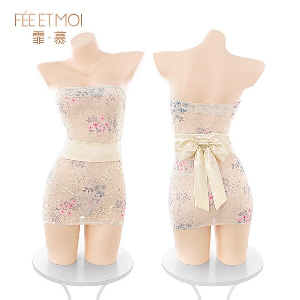Night charm embroidered sheer kimono set with bow detail - sexy strapless bodycon lingerie outfit