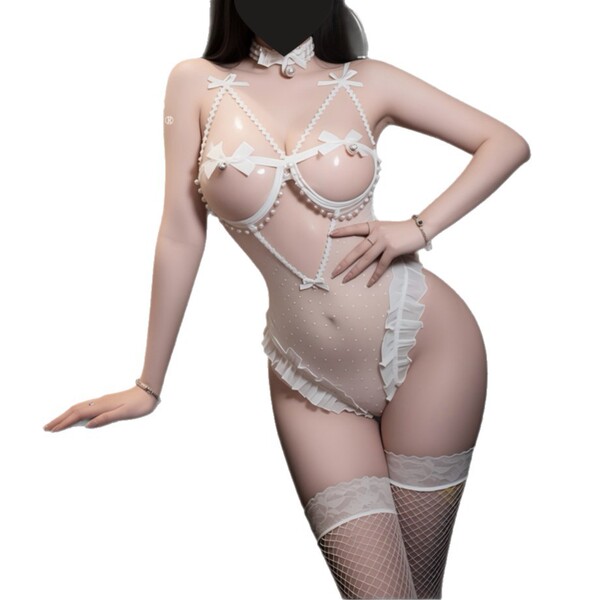 Night Charm Lace Bodysuit with Bells - Sexy Sheer Sleepwear Set for Women, No-Remove Intimate Outfit - Product Image