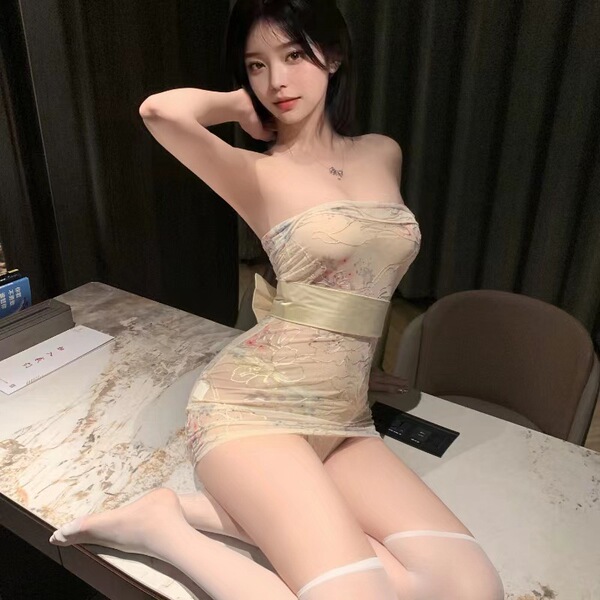 A woman poses elegantly in a night charm lace-trimmed sheer kimono dress, featuring intricate embroidery and a sensual bodyco...
