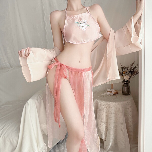 Vintage chinese erotic sleepwear featuring night dream lotus hanfu lingerie set with delicate embroidery and seductive unifor...