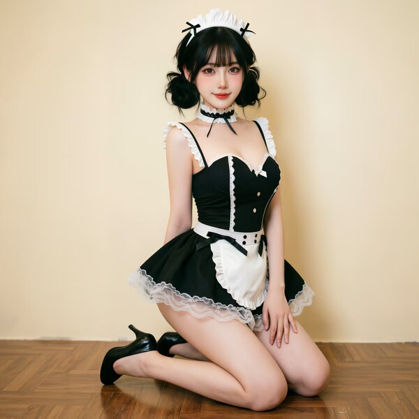 A woman poses in a black and white maid costume featuring an underwire push-up bra, lace details, and heels, perfect for sedu...