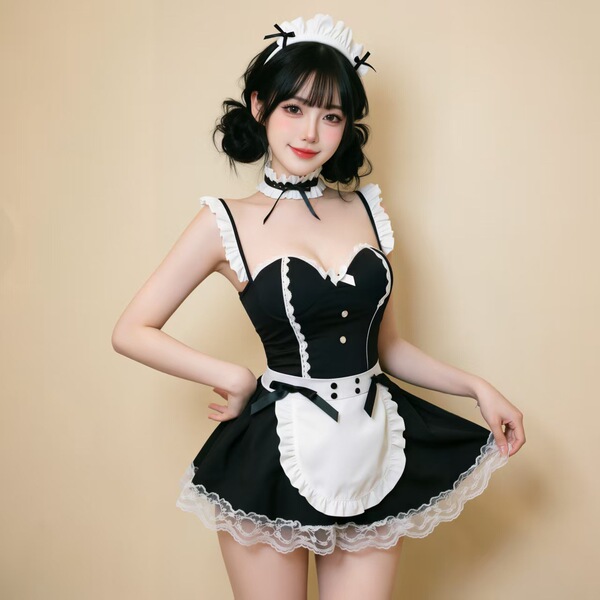A woman models a black and white maid costume featuring an underwire push-up bra, lace trim, and a frilly apron, perfect for ...